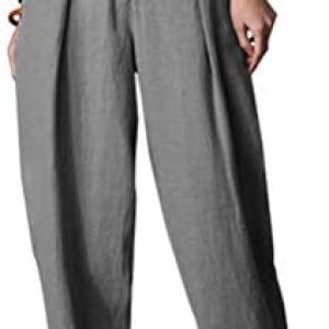 Minibee Women’s Casual Linen Pants Elastic Waist Tapered Pants Trousers with Pockets