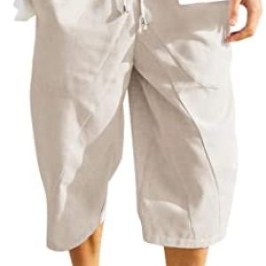 COOFANDY Mens Baggy Harem Pants Drawstring Cotton Linen Wide Leg Capri Yoga Beach Pants