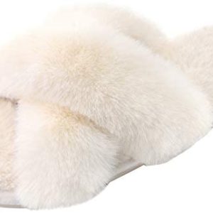 Women’s Cross Band Slippers Soft Plush Furry Cozy Open Toe House Shoes Indoor Outdoor Faux Rabbit Fur Warm Comfy Slip On Breathable