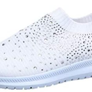 Womens Sparkle Rhinestone Slip On Loafers Breathable Knitted Anti-Slip Sneakers Casual Sports Running Shoes