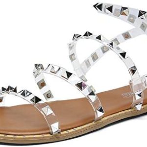 Katliu Girls’s Flat Sandals Strappy Studded Sandals Gladiator Sandals with Ankle Strap