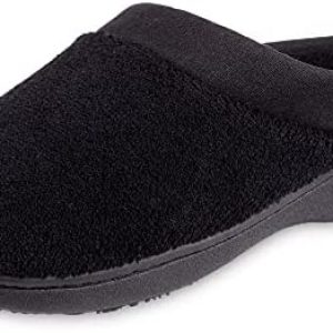 isotoner Women’s Terry and Satin Slip on Cushioned Slipper with Memory Foam for Indoor/Outdoor Comfort