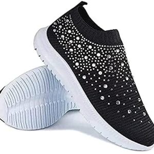 Women’s Crystal Breathable Orthopedic Slip on Walking Shoes, Sparkle Rhinestone Slip on Loafers, Knitted Anti-slip Sneakers Casual Sports Running Shoes
