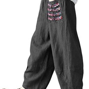 Minibee Women’s Baggy Linen Wide Leg Trousers Casual Patchwark Elastic Waist Harem Pants