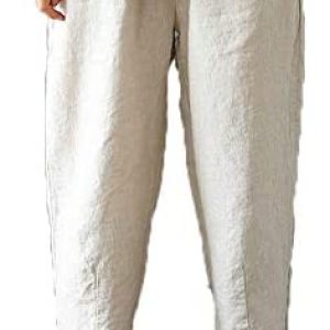 LaovanIn Women’s Linen Cropped Pants Tapered Ankle Capris Trousers Elastic Waist