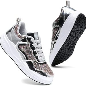 DADAWEN Women’s Walking Shoes Sequin Lightweight Non Slip Tennis Sneakers Lady Girls Comfort Wedge Platform Athletic Running Shoes