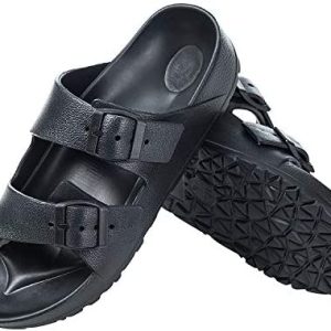 DL Double-Buckle-Eva-Womens-Slides-Sandals Beach, Open Toe Waterproof Pool Gym Woman House Home Slide Shoes For Women Sandals, Slip On Lightweight Adjustable Womens Slippers Summer Non-Slip