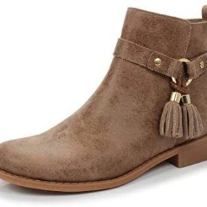 BESS Women’s Tassel Decor Zip Closure Chunky Low Heel Boot Fashion Daily Ankle Bootie