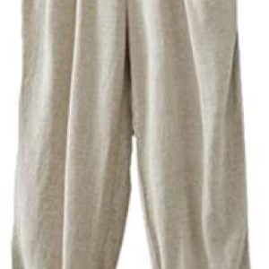 Minibee Women’s Cotton Linen Tapered Cropped Pants Elastic Waist Trousers