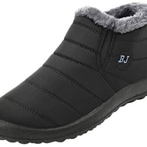 FEETCITY Mens Snow Boots Girls Winter Anti-Slip Ankle Booties Waterproof Slip On Heat Fur Lined Sneaker