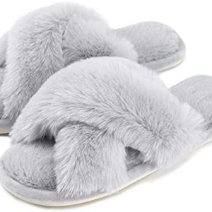 Cozyfurry Women’s Fuzzy Slippers Cross Band Soft Plush Cozy House Shoes Furry Open Toe Indoor or Outdoor Slip on Warm Breathable Anti-skid Sole