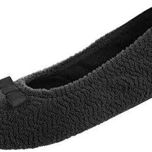 isotoner Ladies’s Chevron Microterry Ballerina Slipper with Moisture Wicking Lining, Ribbon Bow and Suede Sole for Consolation