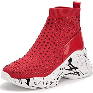 WSKEISP Women’s Platform Boots Wedge Sneakers Ankle Boots Studded Rhinestone Breathable Fashion Wedding High Top Stretch Sock Booties