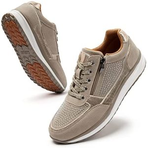 katliu Women Walking Shoes Comfort Side Zipper Tennis Shoes Rhinestone Platform Lace Up Fashion Sneakers