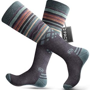 Ski Socks 2-Pack Merino Wool, Over The Calf (OTC) Non-Slip Cuff for Men & Women