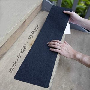 LifeGrip Anti Slip Traction Treads (10-Pack), 6 inch X 28 inch, Best Grip Tape Grit Non Slip, Outdoor Non Skid Tape, High Traction Friction Abrasive Adhesive for Stairs Step, Black (6″ X 28″ X 10P)