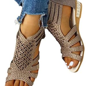 siilsaa Sandals for Girls, Womens Summer season Crystal Flat Set with Strap Hole Out Open Toe Flip Flops Retro Strolling Sandals